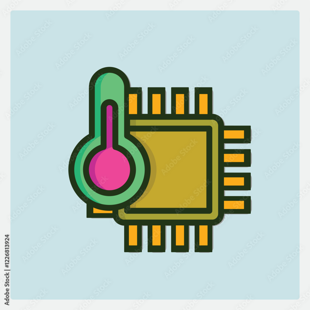 Poster stylized cpu icon with integrated thermometer representing processor temperature control feature