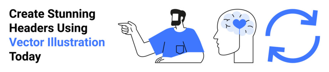 Character pointing, human brain icon with heart, loop-inspired refresh symbol in bold minimalist style. Ideal for creativity, education, mental health, teamwork, communication, innovation flat