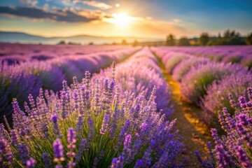 Lavender field on a sunny day with blurred background, horizon, lavender, haze, sunlight