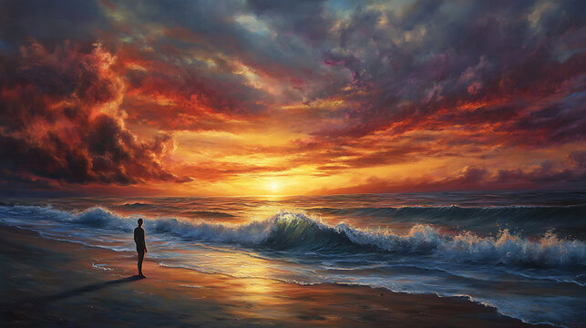 A person standing on a beach at sunset, gazing at the horizon with a sense of peace and reverence, as waves gently touch the shore, symbolizing the infinite and unconditional love of God. 