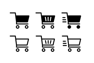 Set of shopping cart icons in minimalist black and white style, ideal for e-commerce, online store interfaces, and shopping applications