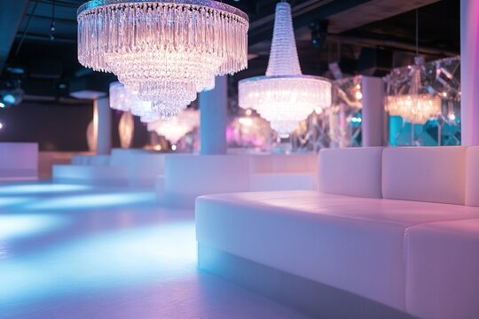 Glowing crystal chandeliers illuminate a stylish nightclub with white seating and vibrant lighting, creating a lively and elegant atmosphere for nightlife enthusiasts