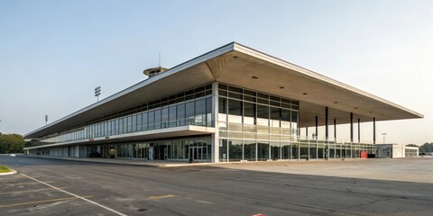 Obraz premium Low-slung, angular building with a cantilevered roofline and expansive glass facades, minimalist decor, contemporary style