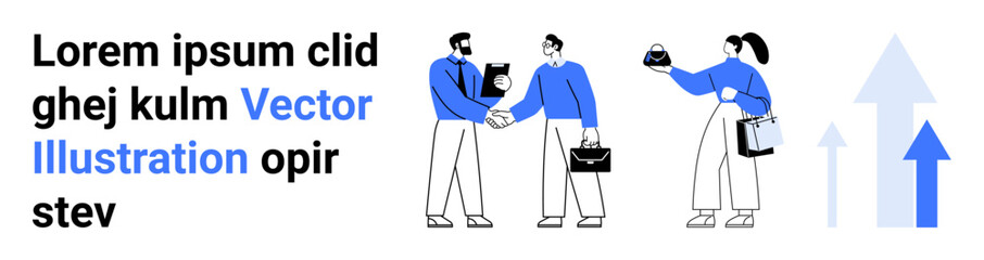 Two professionals shaking hands while another shares documents. Stylized arrows symbolize growth and progress. Ideal for teamwork, partnership, career growth, strategy, negotiation, innovation