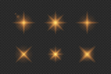 Golden glowing light effects on transparent background. Various starburst, sparkle shapes for overlays, decorations, highlights, special effects in design projects