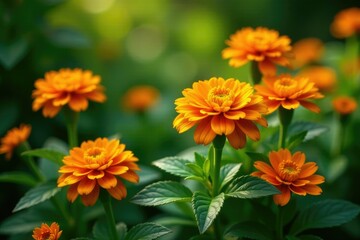 Fototapeta premium Lush green foliage with bright orange chrysanthemums, flowers, autumn