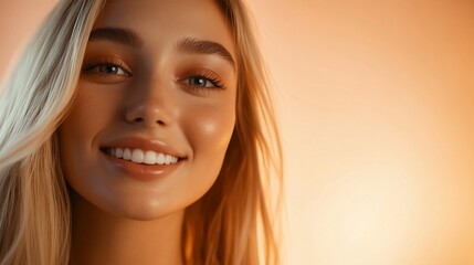 Fototapeta premium Close-up portrait of a smiling blonde woman with natural makeup and glowing skin