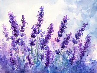 Fototapeta premium Watercolor lavender field painting with purple flower stems on a white and blue background