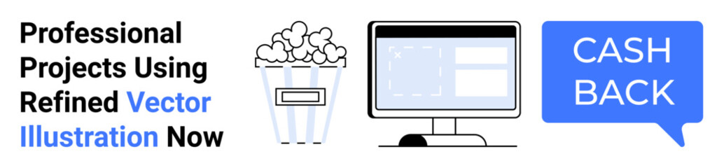 Popcorn, computer screen with digital interface, and cashback speech bubble highlight modern incentives. Ideal for rewards programs, online shopping, incentives, entertainment marketing, e-commerce