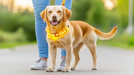 Happy Golden Labrador Dog with LED Harness on Evening Walk