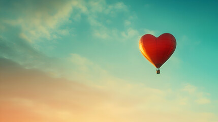 A heart-shaped hot air balloon floating in the sky at sunset