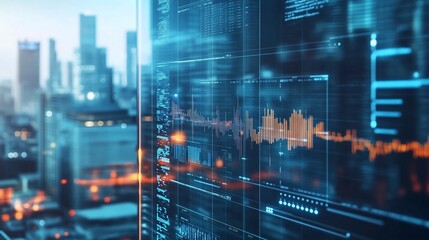 Obraz premium Data Visualization Overlaying a Cityscape, Showing Financial Data and Technological Progress