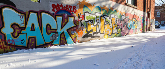 Obraz premium Urban graffiti revealed by melting snow in city alley, creative expression