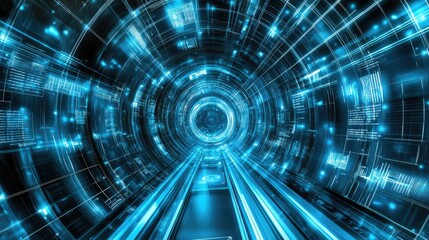 Fototapeta premium A futuristic tower elevator with curved glass walls, glowing floor panels, and automated voice guidance