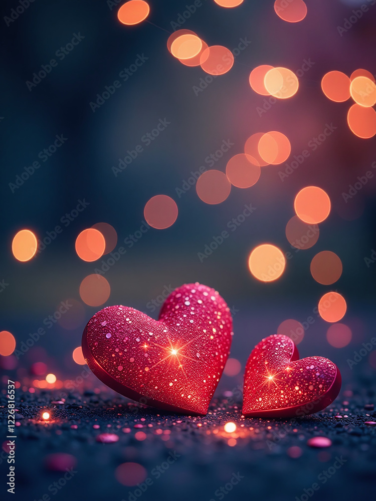 Poster Romantic Evening Setting Features Twinkling Lights, Sparkling Glitter, Shimmering Hearts, And A Soft Bokeh Effect In The Background. 00002