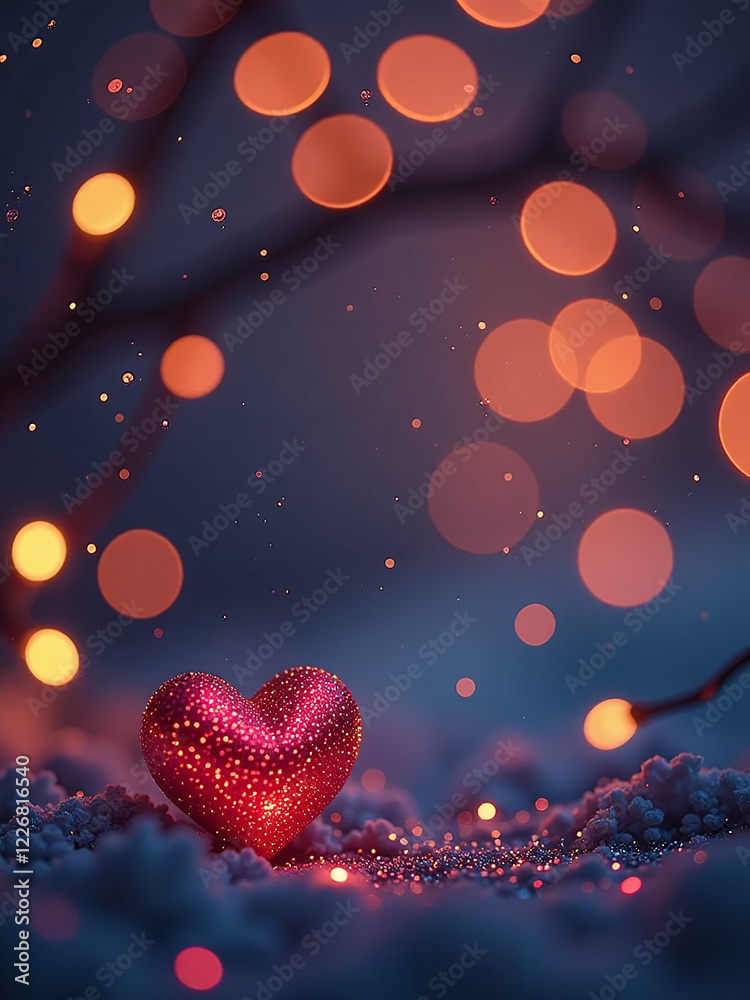 Poster Romantic Evening Setting Features Twinkling Lights, Sparkling Glitter, Shimmering Hearts, And A Soft Bokeh Effect In The Background. 00001