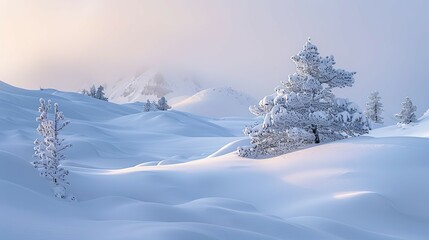 Snow covered trees and mountains in a winter landscape