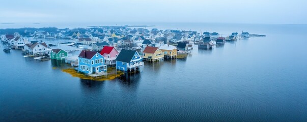 Naklejka premium Aerial view of king tides inundating a coastal town, showcasing the impact of rising sea levels on urban areas.