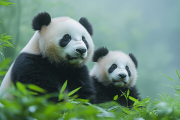 Fototapeta premium Two Adorable Giant Pandas Resting Amidst Lush Greenery