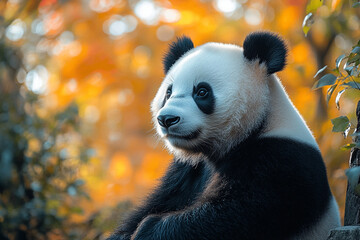 Obraz premium A Giant Panda Gazes Serenely Into Autumnal Sunlight