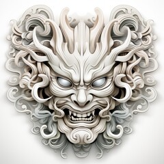 Mythical Japanese Mask Featuring a Dragon and Samurai Warrior Illustration