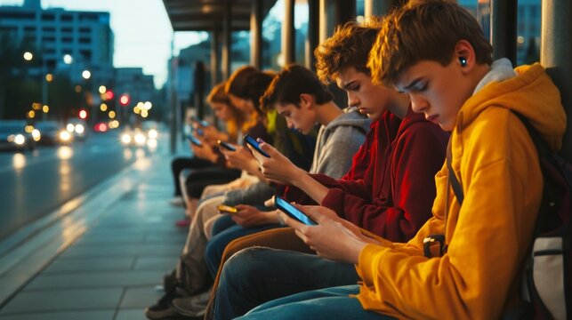 A group of teenagers sits at a bus stop, focused on their phones with gloomy expressions as dusk falls, online addiction concept
