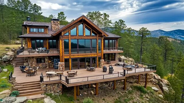 Stunning mountain lodge with expansive deck surrounded by trees and distant peaks under a cloudy sky