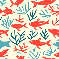 Colorful underwater pattern featuring red fish and blue coral on a light background