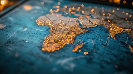 Naklejka premium Illuminated World Map: A Glowing Representation of Global Connectivity