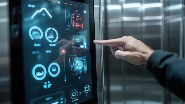 A high-tech corporate elevator with touchscreen controls, biometric scanner, and sleek metallic finish
