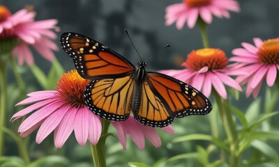Obraz premium Monarch butterfly sipping nectar from a bright pink coneflower in full bloom, pink, nectar, sip
