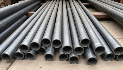 Metal pipes stacked on concrete surface