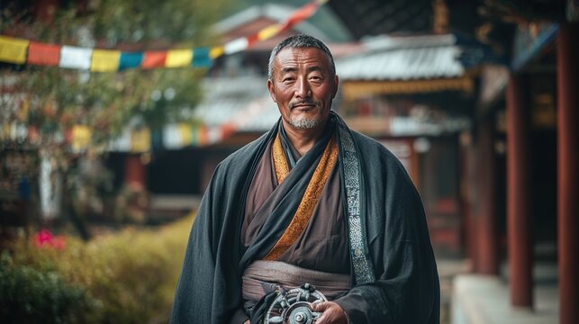 A Tibetan man standing with his hands behind his back, dressed in a traditional chuba (robe) with long sleeves, holding a prayer wheel. The background is a monastery with prayer flags. The image highl