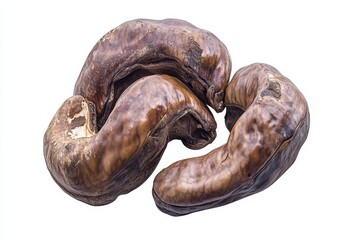 Obraz premium Three roasted cashew nuts in shell, close-up.