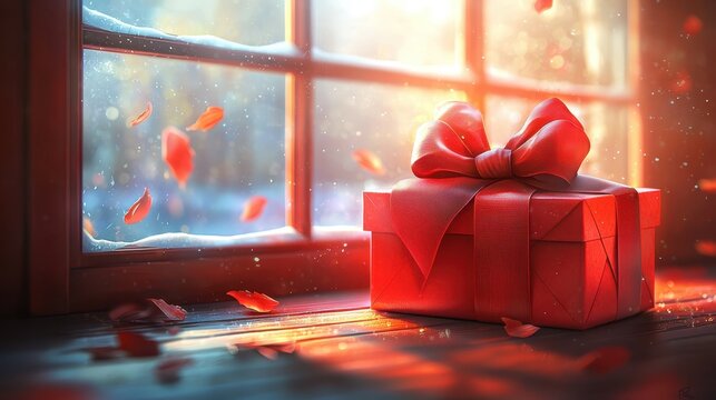 Red gift box placed on a windowsill with natural light streaming in from outside - Powered by Adobe