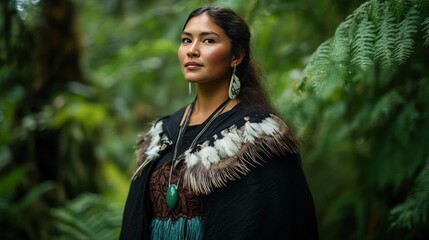 A M&Auml;ori woman standing with her hands behind her back, wearing a traditional flax skirt (piupiu) and a cloak (kākahu) adorned with feathers, with a greenstone (pounamu) pendant. The background is a lu