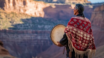 A Navajo man standing with his hands behind his back, dressed in a traditional woven blanket and leather moccasins, holding a drum. The background is a canyon. The image highlights the connection betw