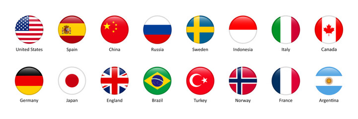National flags icons vector set. USA, Russia, China, France, Canada, Germany. Isolated circle buttons on white background.