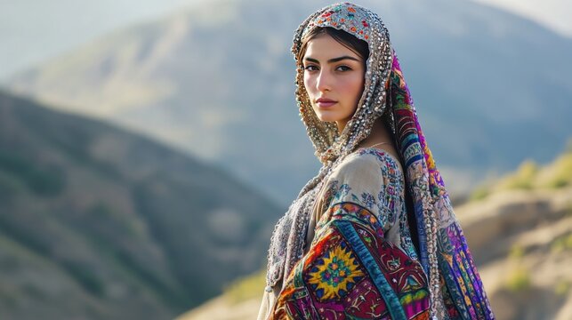 A Kurdish woman standing with her hands behind her back, wearing a traditional colorful dress with intricate embroidery, adorned with a headscarf and silver jewelry. The background is a mountainous la