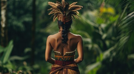 A Dayak woman standing with her hands behind her back, wearing a traditional woven skirt and a beaded corset, adorned with a headdress made from feathers and beads. The background is a tropical rainfo