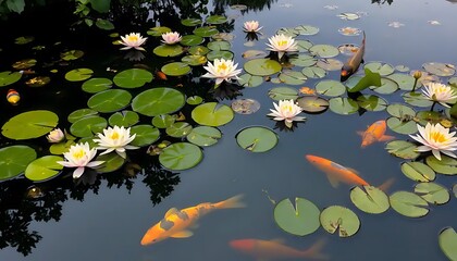 Koi fish swim among water lilies in a serene pond