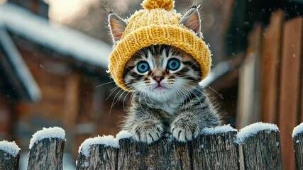 Kitten in a hat on a winter fence. Selective focus. - Powered by Adobe