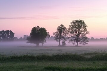 Obraz premium Spring Fog on a Meadow A misty meadow at dawn, with soft light illuminating dewdrops on the grass