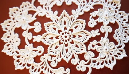 Intricate White Lace Doily on Red Background