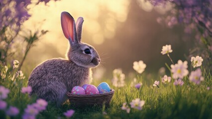Obraz premium Easter bunny in spring meadow with copy space