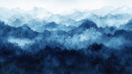 Blue and white painting depicting mountains and a serene landscape under a clear sky