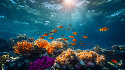 Obraz premium Underwater Tropical Corals Reef with colorful sea fish. Marine life sea world. Tropical colourful underwater seascape.