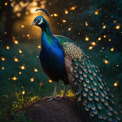 Obraz premium A peacock surrounded by glowing fireflies in a summer evening.