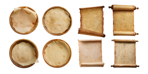 collection of aged parchment papers set in wooden bowls and vintage-style scrolls, perfect for historical, rustic, or creative designs. isolated on transparent background.
