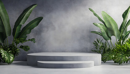 Minimalist Concrete Display Stage with Tropical Plants